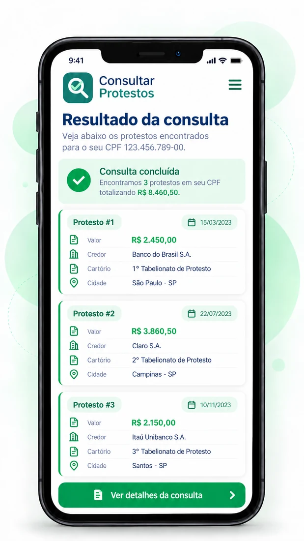 Tela de resultado da consulta de protestos